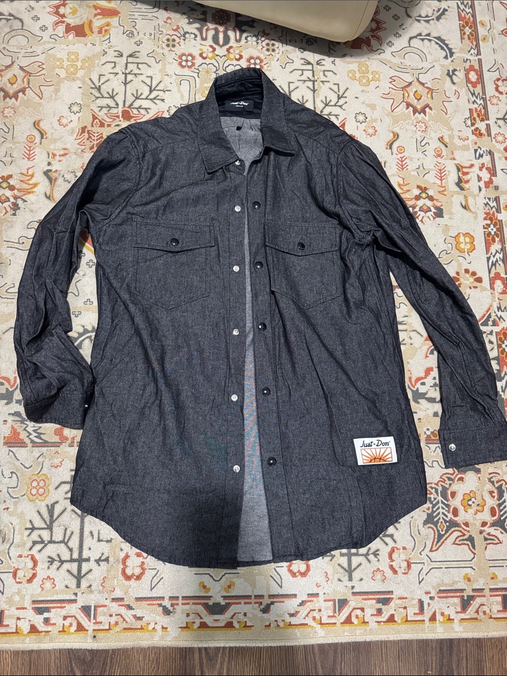 Just Don Charcoal Button-Front Shirt with Logo Patch
